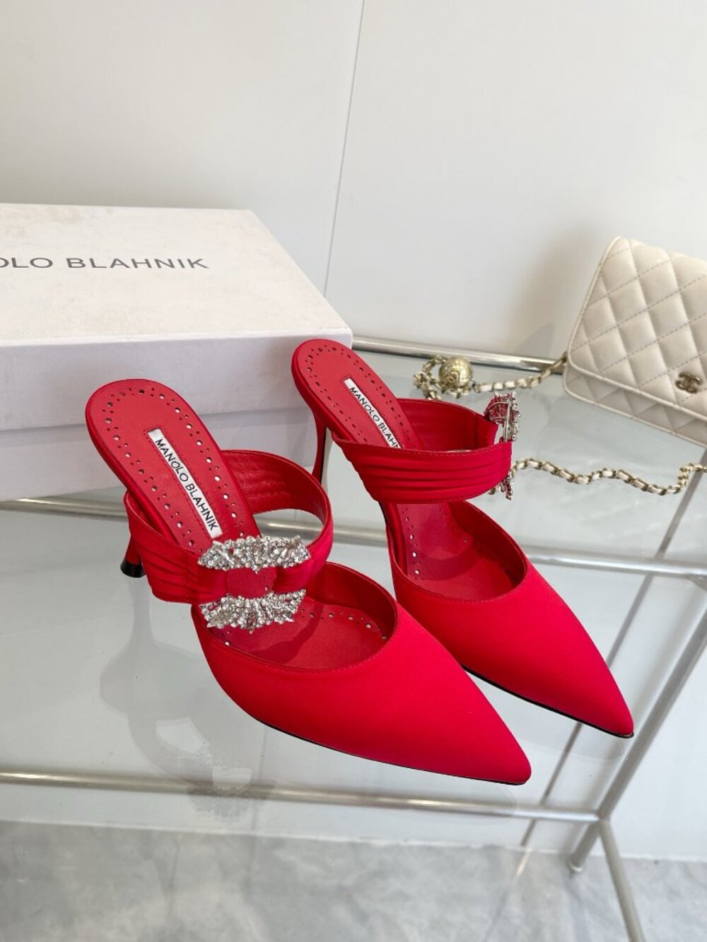 Manolo Blahnik Crystal Embellished Red Satin Pointed-Toe Mules - Picture 4 of 10